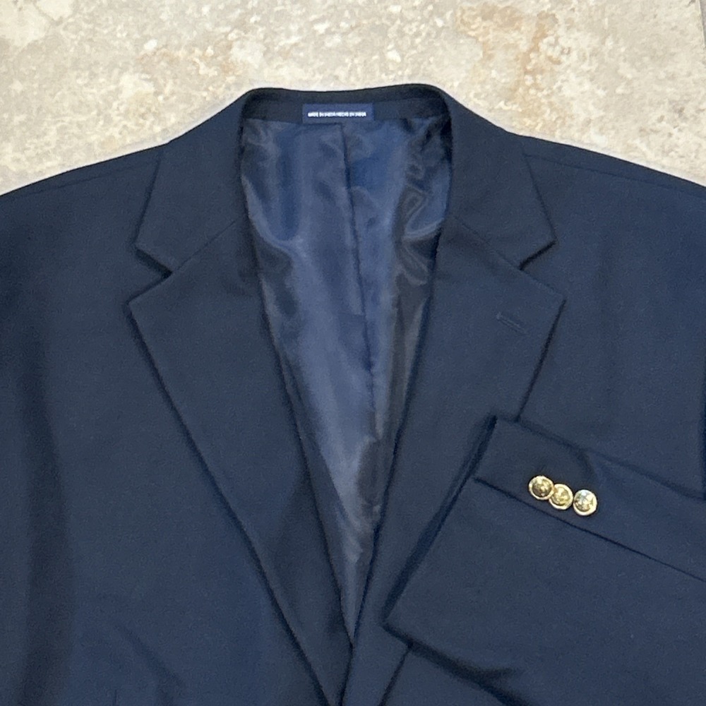 Stafford Gold Button Blazer Mens 48R Navy Blue Essentials Suit Jacket Sport Coat